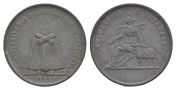 Нидерланды, Амстердам хлебный жетон (на покупку еды) с двумя буханками 1861 Женщина с протянутой рукой в ??компании овцы, стол с 3 буханками, диаметр 28 мм Kooij BR003.1 цинк 4654-913