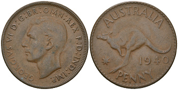 Австралия 1 пенни 1940 Георг VI (1936-1952), кенгуру KM 36 бронза 4619-1051