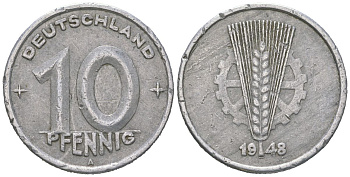 ГДР 10 пфеннигов 1948 A KM 3 алюминий 201-715