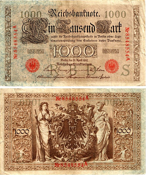 Германия 1000 марок 1910 Pick 44b бумага 7547-36-3-2