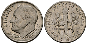 США 10 центов (дайм) 1967 Рузвельт KM 195a медь плакированная медно-никелем 4164-937