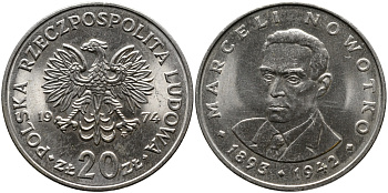 Польша 20 злотых 1974 MW, Марцелий Новотко KM 69, Parchimowicz 246 медно-никель UNC 441-825
