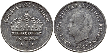 Швеция 1 крона 2002 Карл XVI Густав (1973- ) KM 894 медно-никель 4380-331