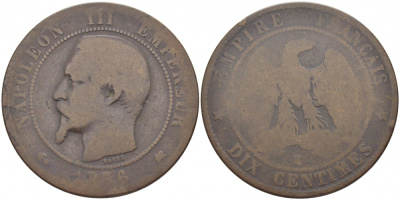 Франция 10 сантимов 1856 K, Наполеон III (1852-1870) KM 771.5, Le Franc 133.36 бронза 114-1212