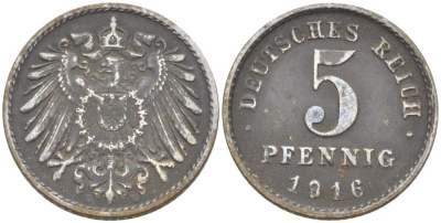 ГЕРМАНИЯ 5 ПФЕННИГОВ 1916 D KM 19, J. 297, Weege 5 железо 206-713