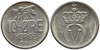 Норвегия 10 эре 1968 пчела, Улаф V (1958-1991) KM 411 медно-никель 4396-418