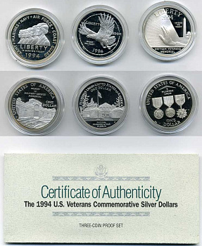 США набор из 3 монет по 1 доллару 1994 серия Ветераны, оригинальная коробка, сертификат KM 250, 251, 252 серебро PROOF 4-5-2-16