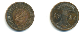 ГЕРМАНИЯ 2 РЕНТЕНПФЕННИГА 1924 A KM 31, J.307 медь 4379-1035