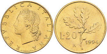 Италия 20 лир 1994 R, дубовый лист KM 97.2 алюминиевая бронза  UNC  4594-868