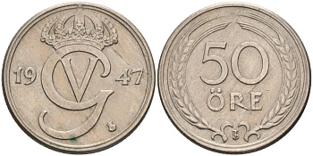 Швеция 50 эре 1947 TS, Густав V (1907-1950) KM 796 никель бронза 73-1421
