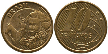 Бразилия 10 сентаво 2010 KM 649, Schon 157 сталь плакированная бронзой 4523-916