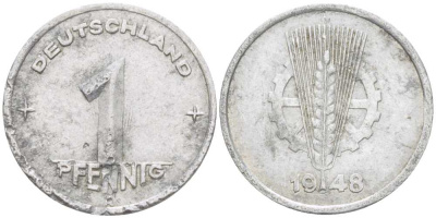 ГДР 1 ПФЕННИГ 1948 A KM 1 алюминий 211-645