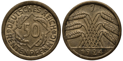 Германия 50 рентенпфеннигов 1924 J J. 310, KM 34 алюминиевая бронза 413-3131