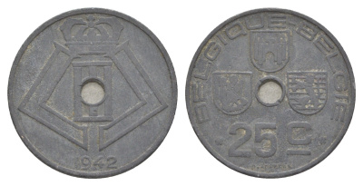 Бельгия 25 сантимов 1942 Belgique - Belgie, Леопольд III (1934-1947), германская оккупация, Вторая мировая война KM 131 цинк 4619-1017