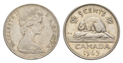 Канада 5 центов 1965 Елизавета II (1952-2022), бобр KM 60.1 никель 4639-445