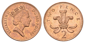 Великобритания 2 пенса 1996 Елизавета II (1952-2022) KM 936a, Spink 4376 (C4) сталь плакированная медью UNC 4637-1243