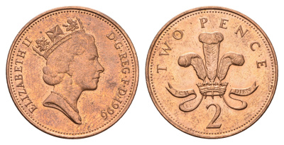 Великобритания 2 пенса 1996 Елизавета II (1952-2022) KM 936a, Spink 4376 (C4) сталь плакированная медью UNC 4637-1243