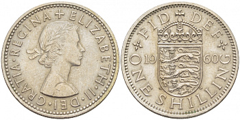 Великобритания 1 шиллинг 1960 Елизавета II (1952-2022), Английский герб KM 904, Spink 4147 медно-никель 77-117
