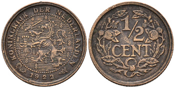 Нидерланды 1/2 цента 1922 Вильгельмина (1890-1948) KM 138 бронза 4576-433