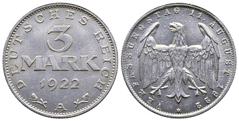 Германия 3 марки 1922 А, третья годовщина Веймарской Конституции KM 29, J. 303 алюминий 4380-743
