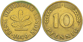 ФРГ 10 ПФЕННИГОВ 1949 J KM 103, J. 378 сталь плакированная латунью 219-417