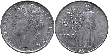 ИТАЛИЯ 100 ЛИР 1961 R, АФИНА KM 96.1 нержавеющая сталь 97-542