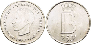 Бельгия 250 франков 1976 25 лет правления Бодуэна I, der Belgen KM 158.1 серебро 1519-121