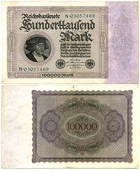 ГЕРМАНИЯ 100000 МАРОК 1923 1 ФЕВРАЛЯ 1923, БЕЗ Т ПОД ПОРТРЕТОМ Pick 83a бумага 6289-44-2-1