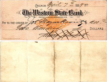 США чек на 200 долларов 1899 The Western State Bank, Чикаго бумага 6287-44-1-2