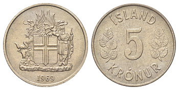 Исландия 5 крон 1969 KM 18 медно-никель UNC 4668-933