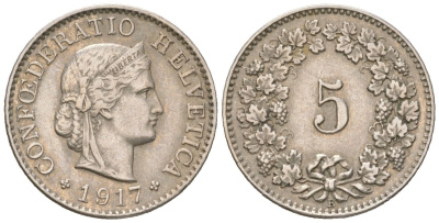 Швейцария 5 раппенов 1917 B KM 26 медно-никель 4160-813