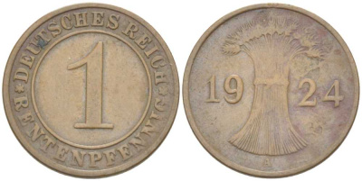 Германия 1 рентенпфенниг 1924 A KM 30, J. 306, Weege 1 бронза 211-566
