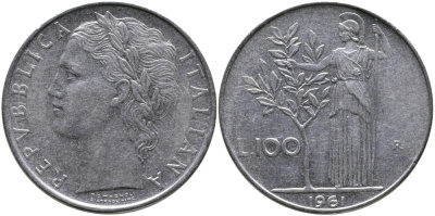 ИТАЛИЯ 100 ЛИР 1961 R, АФИНА KM 96.1 нержавеющая сталь 97-542