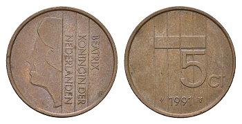 Нидерланды 5 центов 1991 Беатрикс (1980-2013) KM 202 бронза 4685-136