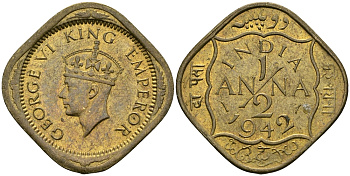 Британская Индия 1/2 анна 1942 Георг VI (1936-1952) KM 534b никель-латунь UNC 94-826