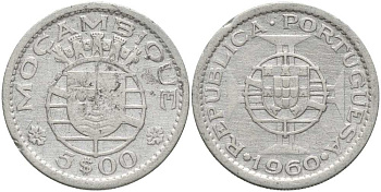 Португальский Мозамбик 5 эскудо 1960 КМ 84 серебро 202-452