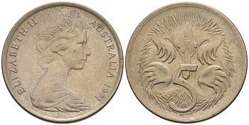 АВСТРАЛИЯ 5 ЦЕНТОВ 1971 ЕЛИЗАВЕТА II, МОЛОДОЙ ПОРТРЕТ, ЕХИДНА KM 64 медно-никель 4564-1154
