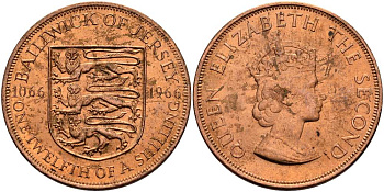 Джерси 1/12 шиллинга 1966 900 лет Нормандскому завоеванию KM 26 бронза UNC 4512-331