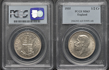 Великобритания 1/2 кроны 1935 Георг V (1910-1936, В СЛАБЕ PCGS, СОСТОЯНИЕ MS63 KM 835, Spink 4037 серебро UNC 00-000-00