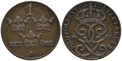 Швеция 1 эре 1934 Густав V (1907-1950) KM 777.2 бронза 201-1132