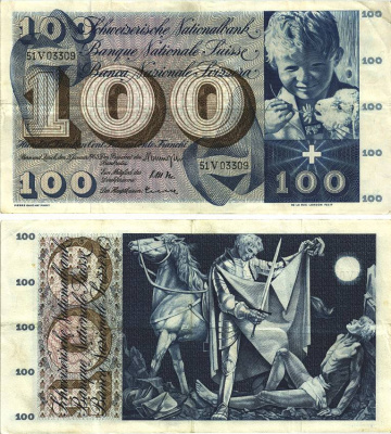 Швейцария 100 франков 1965 23 декабря 1965, серия 51 V, подпись 41 Pick 49 h бумага 8606-22-2-2