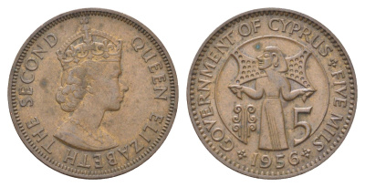 Кипр 5 милей 1956 Елизавета II (1952-2022) KM 34 бронза 4706-641