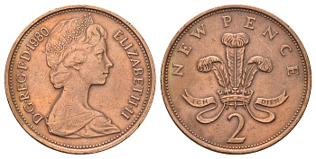 Великобритания 2 пенса 1980 Елизавета II (1952-2022) KM 916, Spink 4235 (C1) бронза 4671-527