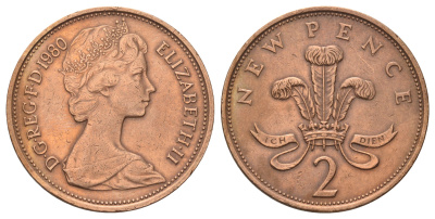 Великобритания 2 пенса 1980 Елизавета II (1952-2022) KM 916, Spink 4235 (C1) бронза 4671-527