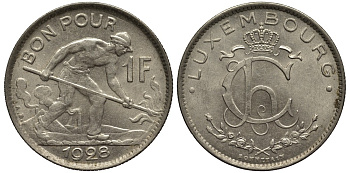 ЛЮКСЕМБУРГ 1 ФРАНК 1928 СТАЛЕВАР, ДИАМЕТР 22,8 ММ., ВЕЛИКАЯ ГЕРЦОГИНЯ ШАРЛОТТА (1919-1964) KM 35 никель 4538-915