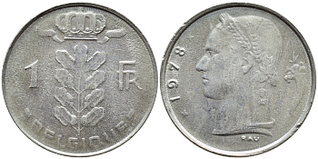 БЕЛЬГИЯ 1 ФРАНК 1978 BELGIQUE KM 142.1 медно-никель 4379-1236