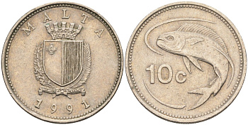 Мальта 10 центов 1991 золотая макрель KM 96 медно-никель 4588-231
