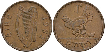 Ирландия 1 пенни 1962 курица с цыплятами KM 11 бронза 4144-1116