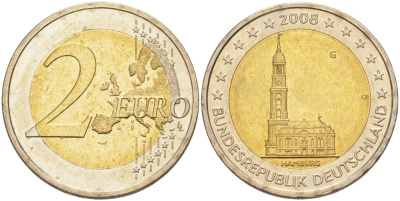 ФРГ 2 евро 2008 G, серия федеральные земли, церковь Св. Михаила в Гамбурге KM 261 биметалл UNC 4111-812
