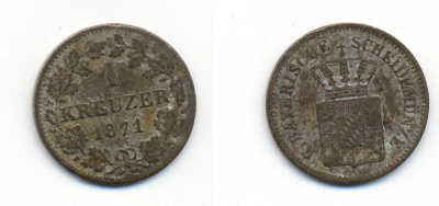 Бавария 1 крейцер 1871 Людвиг II (1864-1886) KM 487 серебро 71-1542
